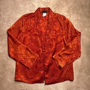 Vintage 90s First Glance Orange Floral Brocade Satin Open Front Jacket Top Boho